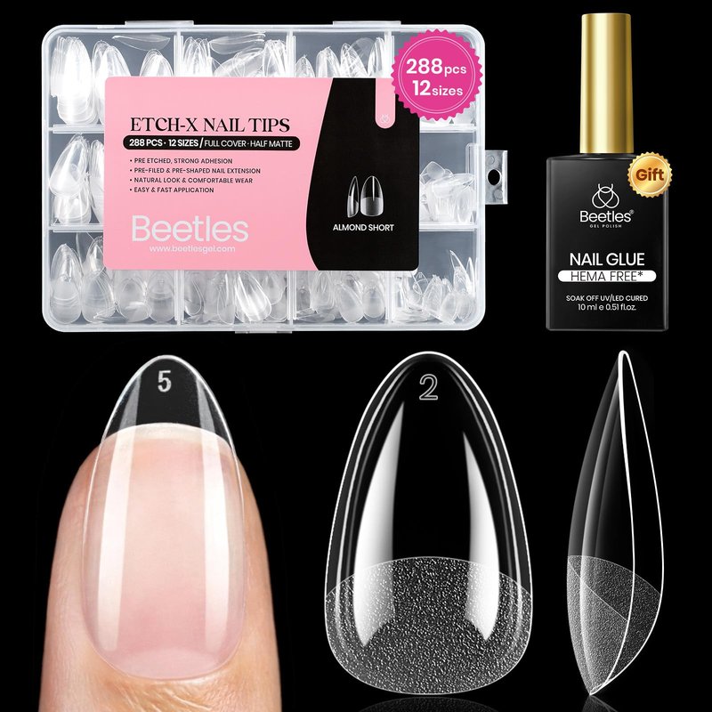 Beetles Gel Nail Kit Etch-X, Almond Short, 288pcs 12 Sizes Nail Tips, with 10ml Hema-Free Nail Glue Gel, Glue on Nails for Acrylic Press On Nail, Pre-Etched Half Matte Extension Set for Home DIY