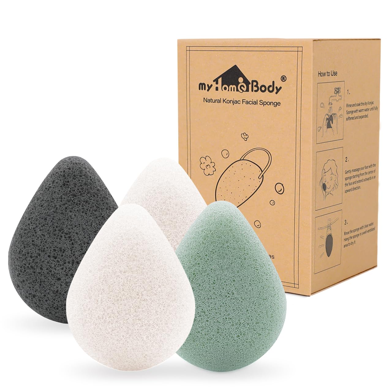 myHomeBody Natural Konjac Facial Sponges – Teardrop Shape - for Gentle Face Cleansing and Exfoliation, Set of 4 (Color Will Be Shipped Randomly)