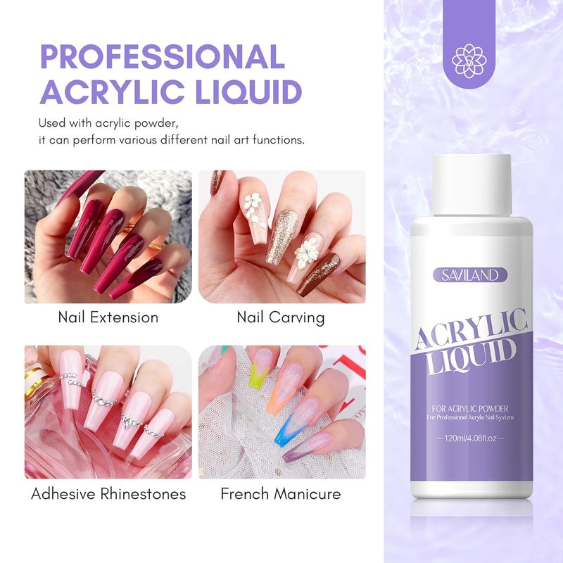 SAVILAND Monomer Acrylic Nail Liquid - 4 oz Long-Lasting Non-Yellowing Formula for Beginners | Perfect for Home Salon Use