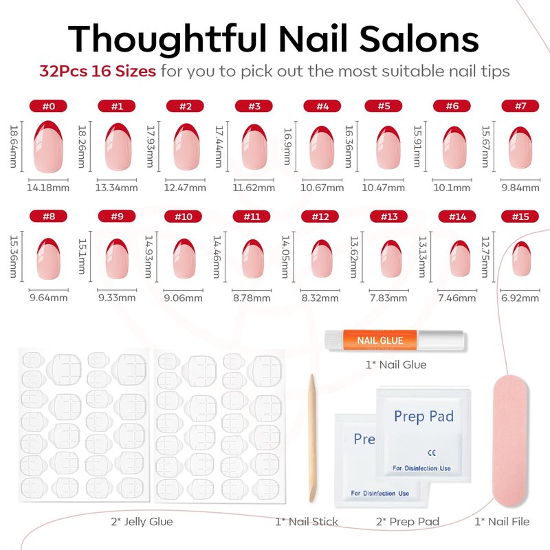 Modelones Red French Tip Press on Nails Short, Spring Oval Fake Nails, Reusable Nail Kit with Nail Glue Adhesive Tabs Mini Nail File, Nails Press Ons 32Pcs 16Sizes, Women Girl Gift