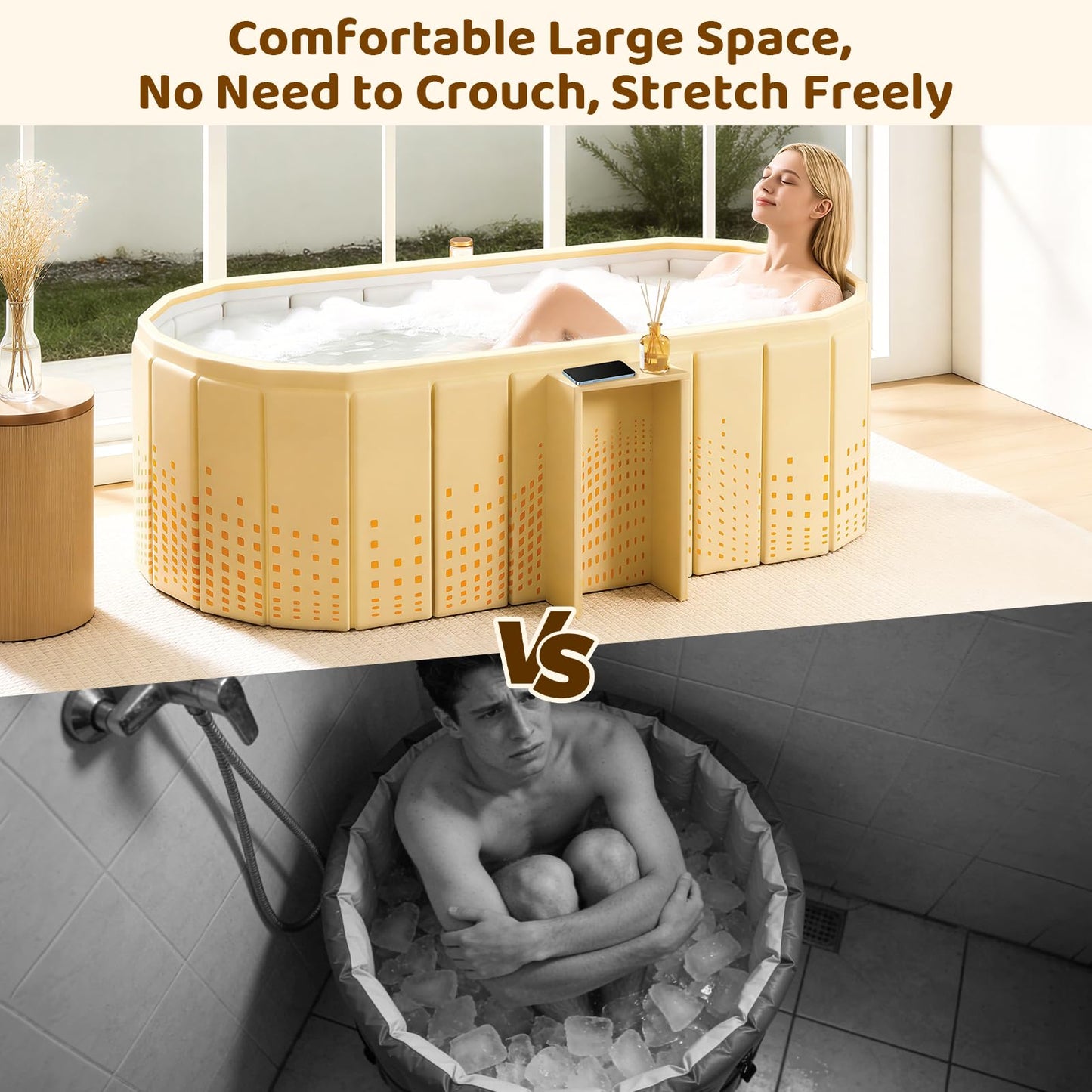 HLCZLUZ Portable Foldable Bathtub, Freestanding Bathtub No Installation, Bathroom SPA Soaking Bath Tub, Shower Stall Collapsible Hot & Ice Bath Tub (Yellow with Storage Rack, 59"L x 21.6"W x 19.6"H)