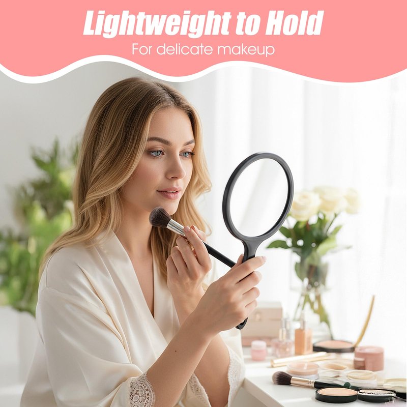 Bremorou Double Sided Mirror Handheld with Handle 1X/2X Magnifying Rounded Shape Small Hand Mirror with Handle, Acrylic Clear Finish Round Black
