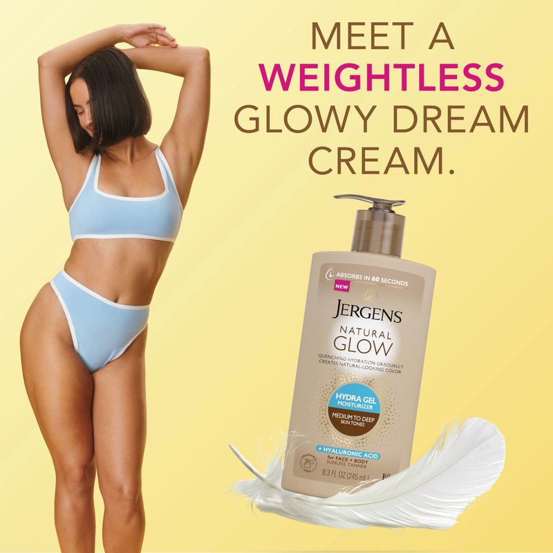 Jergens Natural Glow Hydra Gel Moisturizer, Gradual Tanning Lotion with Hyaluronic Acid, Hydrating Tanning Gel, Fragrance-Free Self Tanner, Medium to Deep Skin Tones 8.3 Fl Oz