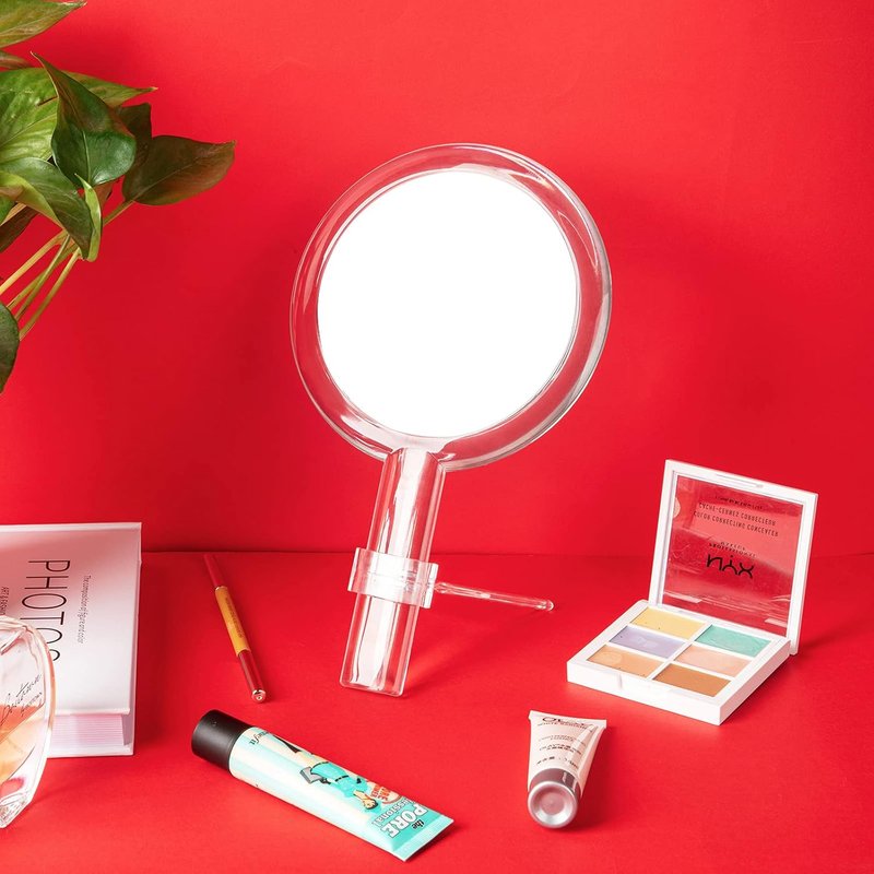 Queekay Double-Sided Handheld Mirror - 1X/10X Magnification, Adjustable Stand, Round Shape, 25.8 x 15 cm