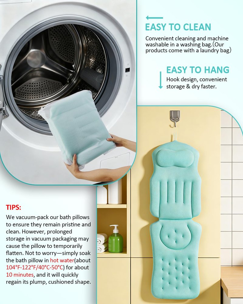 Full Body Bath Pillow for Bathtub, 5D Thick Tub Pillow for Bathtub with 192 Non-Slip Suction Cups, Laundry Bag & Hook, Bathtub Pillow for Head, Neck & Back Support (Green, 51"*15")