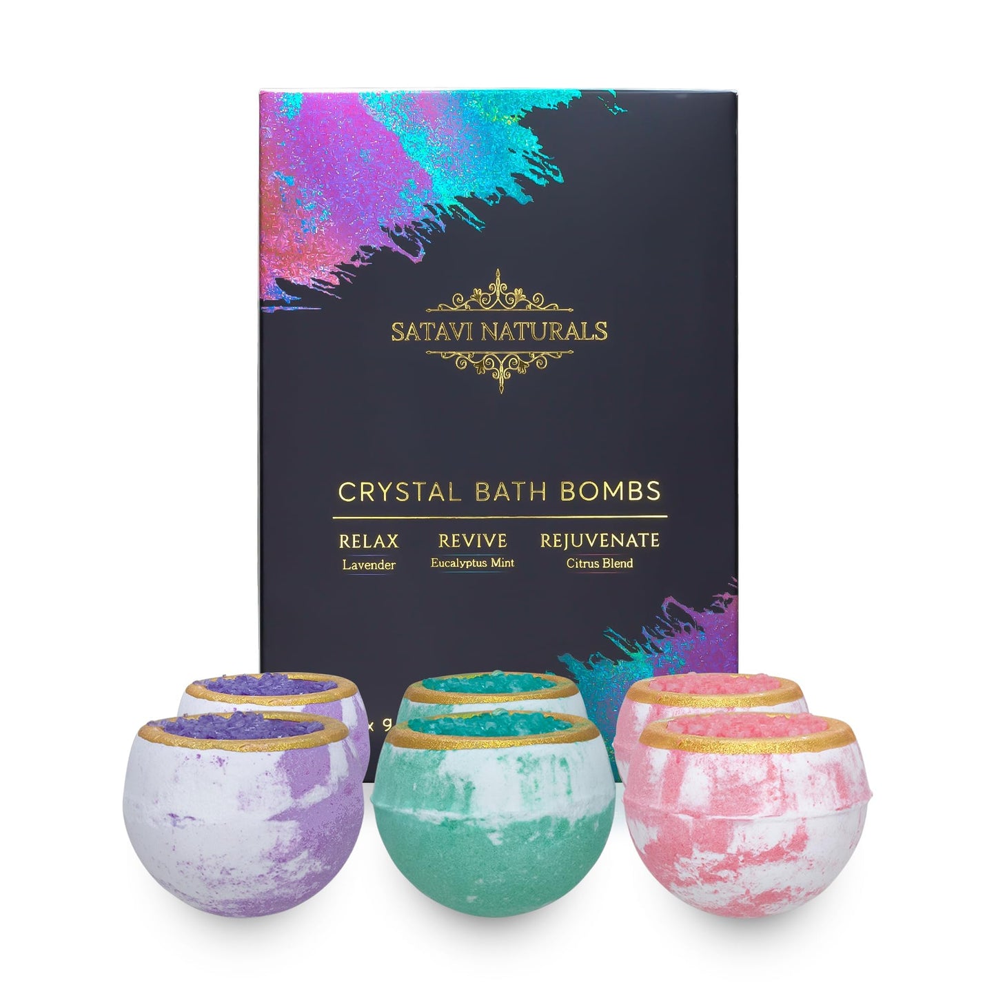 Satavi Naturals Crystal Bath Bombs Gift Set (6 Pack) – Aromatherapy Geode Fizzies with Nourishing Bath Salts – Lavender, Eucalyptus Mint & Citrus – Spa Gifts for Women, Relaxation & Moisturizing