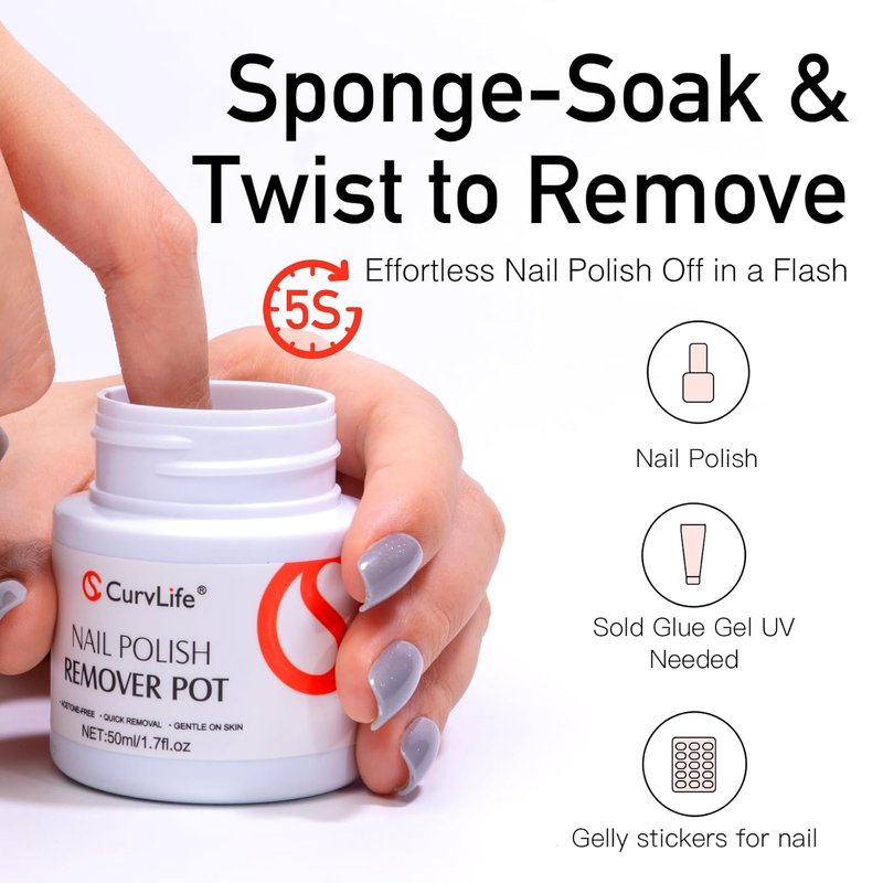 Curvlife Acetone-Free Nail Polish Remover Pot, Quick Removal & Gentle on Skin, Jojoba Oil & Sponge Applicator for Home Salon, 50ml/1.7 fl oz Nail Care