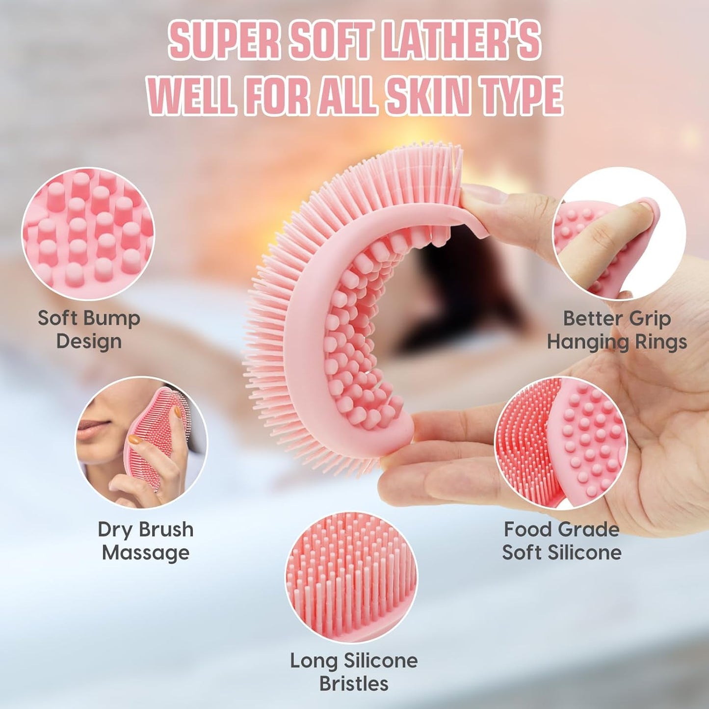 Silicone Body Scrubber Pro 2-in-1 Shower Scrubber for Body Care, Lathers Well, Silicone Loofah and Body Scrubber Exfoliator for Men and Women (Pink+Pink, Body + Massage)