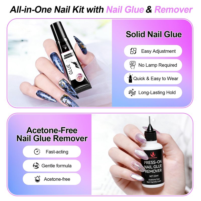 4 x 6g Nail Glue for Press On Nails with 2 x 20ml Nail Glue Remover and Tool, No UV Light Needed Semi Solid Nail Glue, Mini Tubes Quick Drying Gel Long Lasting for Fake Acrylic Nails