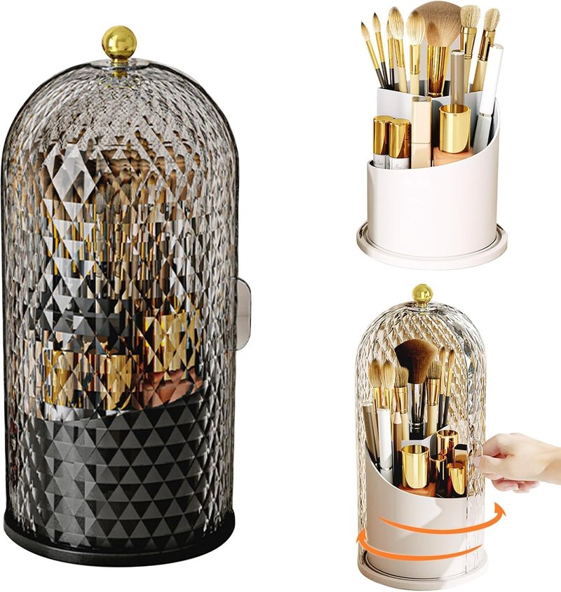 Skiennix Concealed Toothbrush Holder - 360° Rotating Makeup Brush Organizer with Lid | Dustproof, Black
