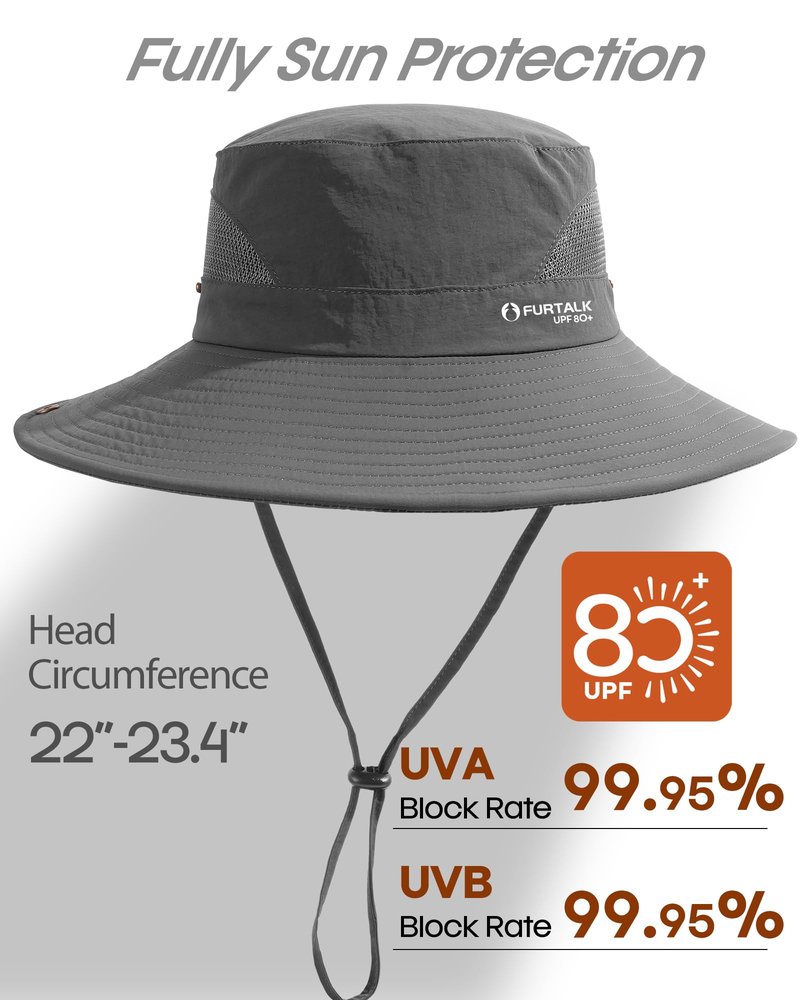 FURTALK Mens Bucket Sun Hat UPF 80+ Wide Brim Hiking Fishing Beach Outdoor Hats Dark Grey