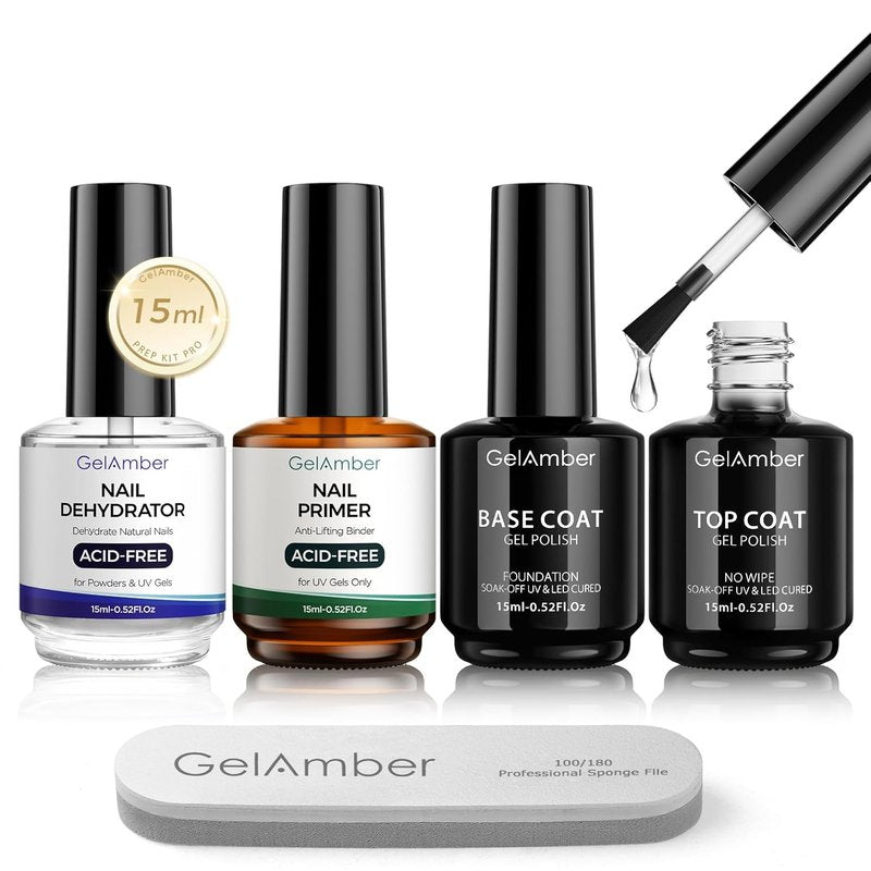 GELAMBER Nail Primer & Dehydrator Set - 4Pcs 15ml Gel Base & Top Coat | Acid-Free, Durable Finish for DIY Nail Salon
