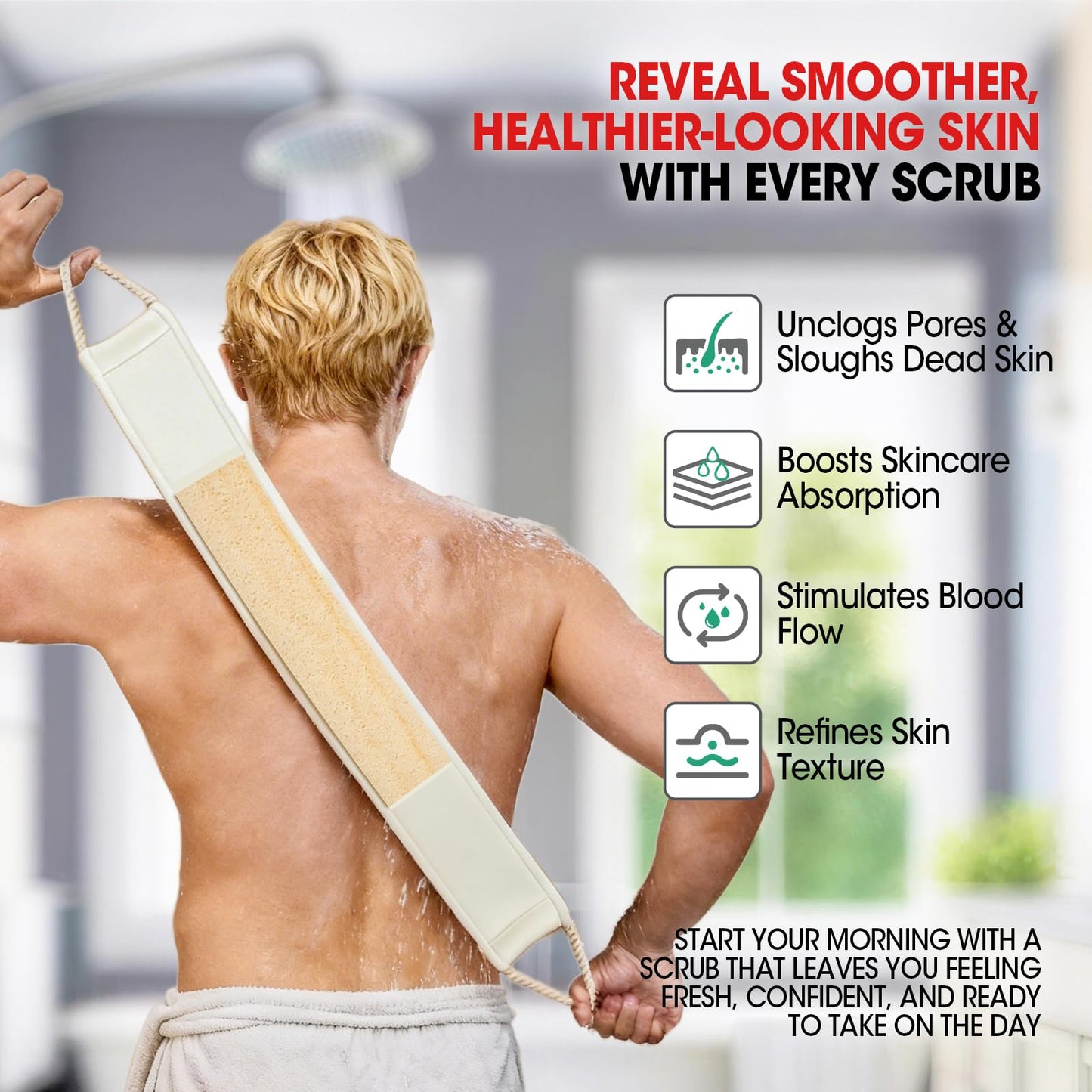 Loofah Back Scrubber with Handle, Natural Exfoliating Shower Sponge, Deep Clean Back Scrub for All Skin Types, Durable Bath Loofah for Daily Use