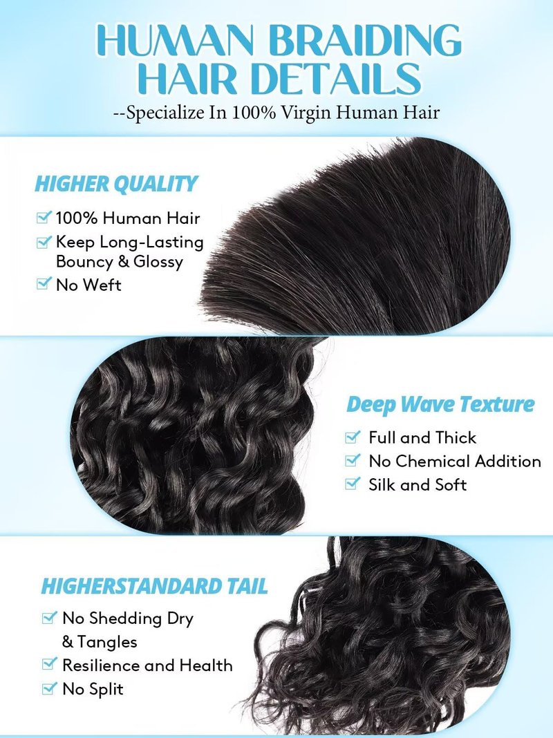 Boho Hair for Braiding, 24 Inch Curly Virgin Human Braiding Hair for Women, 12A Knotless Water Wave Bulk Bohemian Styles, 150g 3 Bundles Natural Black