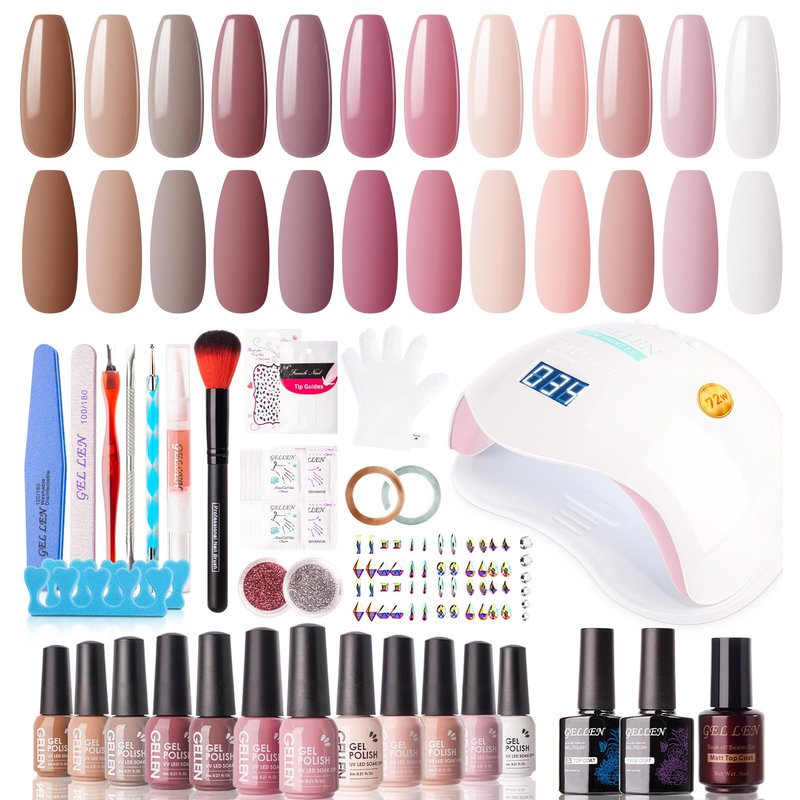Gellen Gel Nail Polish Kit with U V LED Light 72W Nail Dryer, Fall Winter Red Burgundy Nude Pink Gel Polish Kit 12 Colors, No Wipe Top Base Coat, Nail Art Decorations, Manicure Tools