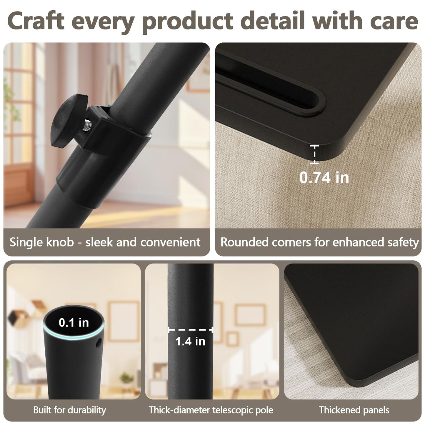 YUHFERA Sofa Armrest Tray Table for Couch - 360° Swivel Height Adjustable End for Small Spaces, Snack Side Table for Bed or Chair with Phone & Tablet Slot (Black,Standard)