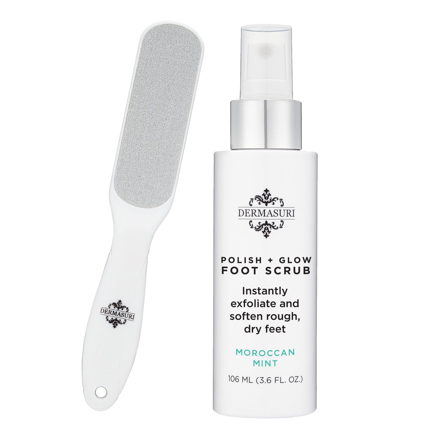 Dermasuri - Callus Remover Foot Scrub - Exfoliating Feet Spray-on Formula and Reusable Deluxe Sole File - Dead Skin Remover, Callus Rasp Scrubber, Peel & Soften Cracked Heels - Deluxe Pedicure Spa Kit