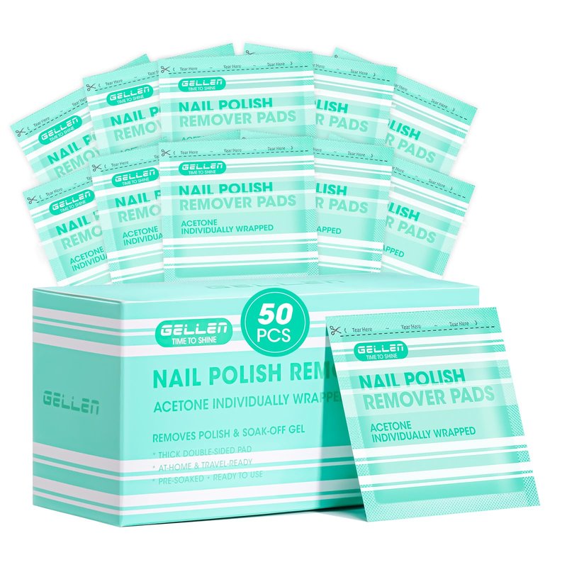 Gellen Nail Polish Remover Pads, 50 Pack Bulk Set Large Acetone Gel Nail Polish Remover, Quick & Effective Gel & Fingernail Polish Removal, Travel Size Individually Wrapped Wet Wipes for Home & Salon