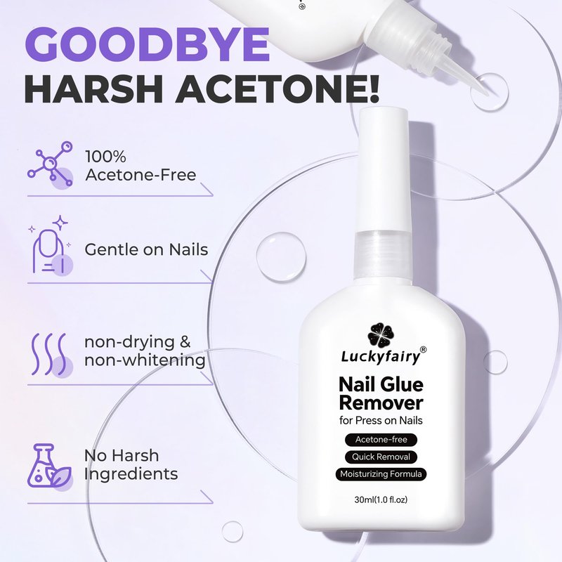 Luckyfairy 30ml Nail Glue Remover: Multi-functional Press On Nail Remover, Gentle Non-Acetone Nail Polish Remover for Gel Nails Tips, Quick Easy Removal Glueoff, Not for Gel Polish