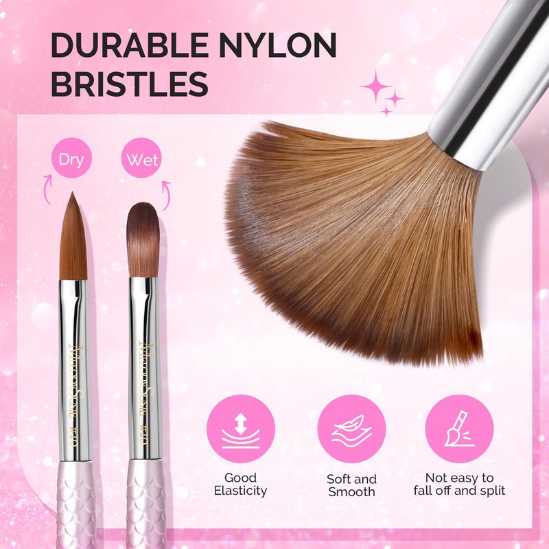 MelodySusie 3Pcs Acrylic Nail Brush Set, Size 8/10/14 with Brush Holder, Nail Art Brushes for Acrylic Application Powder Nail Extension and 3D Carving, Nail Art Tools for DIY Home Salon, Pink-Silver