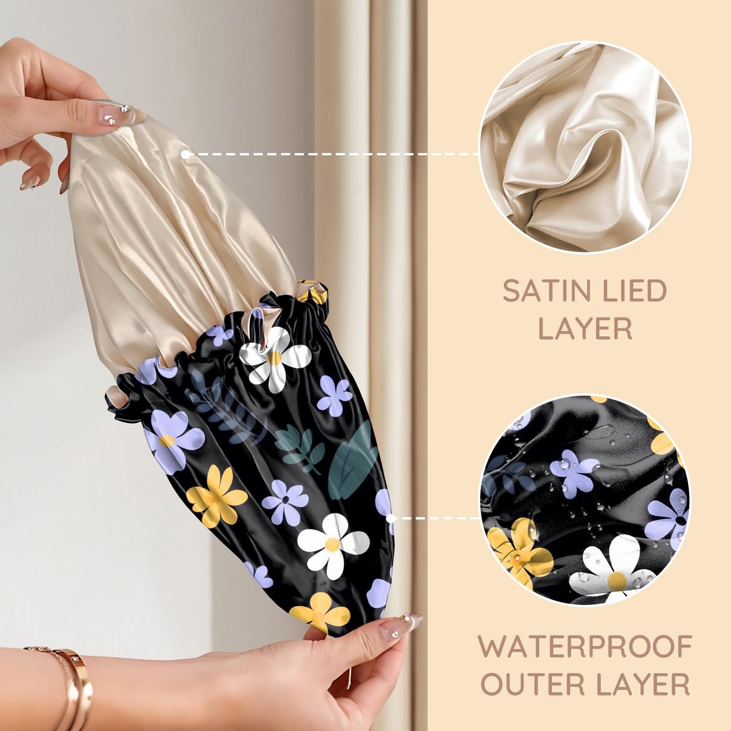 Zewurtuw Luxury Shower Cap Adjustable Reusable Double Waterproof Layer Elastic Satin Lined Hair Bath Cap Cute Aesthetic Women Girls-Purple Flower