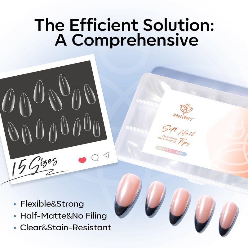 Medium Almond Gel Nail Tips - 360pcs Clear Press-On Full Cover Acrylic Nails | 15 Sizes for Salon Extensions
