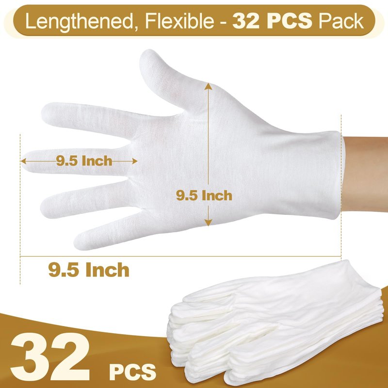 FOTKYXH 32PCS (16 Pairs) Thin White Gloves for Dry Hands Sleeping, Breathable White Glove with Elastic Cuff for Overnight Treatment, Eczema, Spa, Work, Inspection (One Size Fits Most)