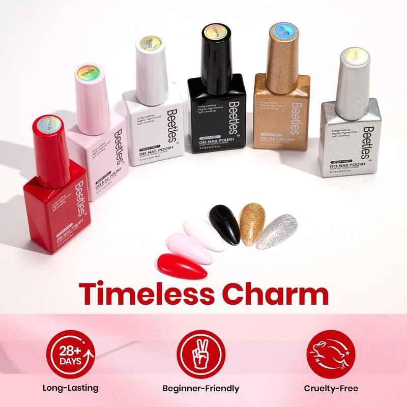 Beetles 22 Pcs HEMA-Free Gel Nail Polish Kit with U V Light - 6 Color Pink Black White Red Shiver Glitter Gel Polish Set Timeless Charm Gift-Ready Package Salon Manicure Kit Mothers Day Gifts
