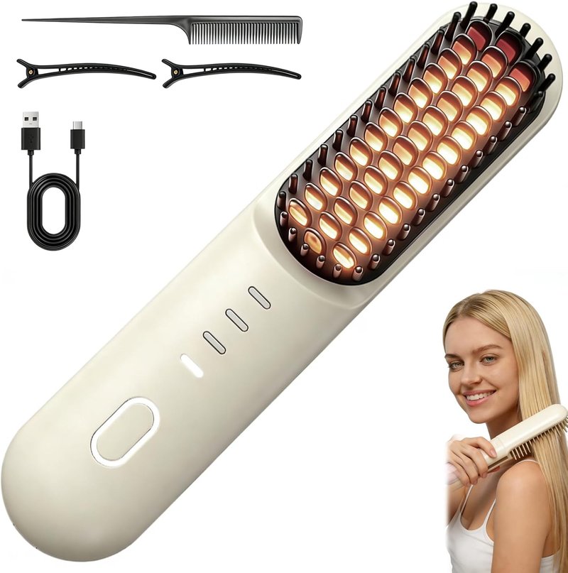 Go Brush Pro Cordless Hair Straightening Brush - 2026 Upgrade with 4 Temp Settings & MCH Ceramic Care | Beige