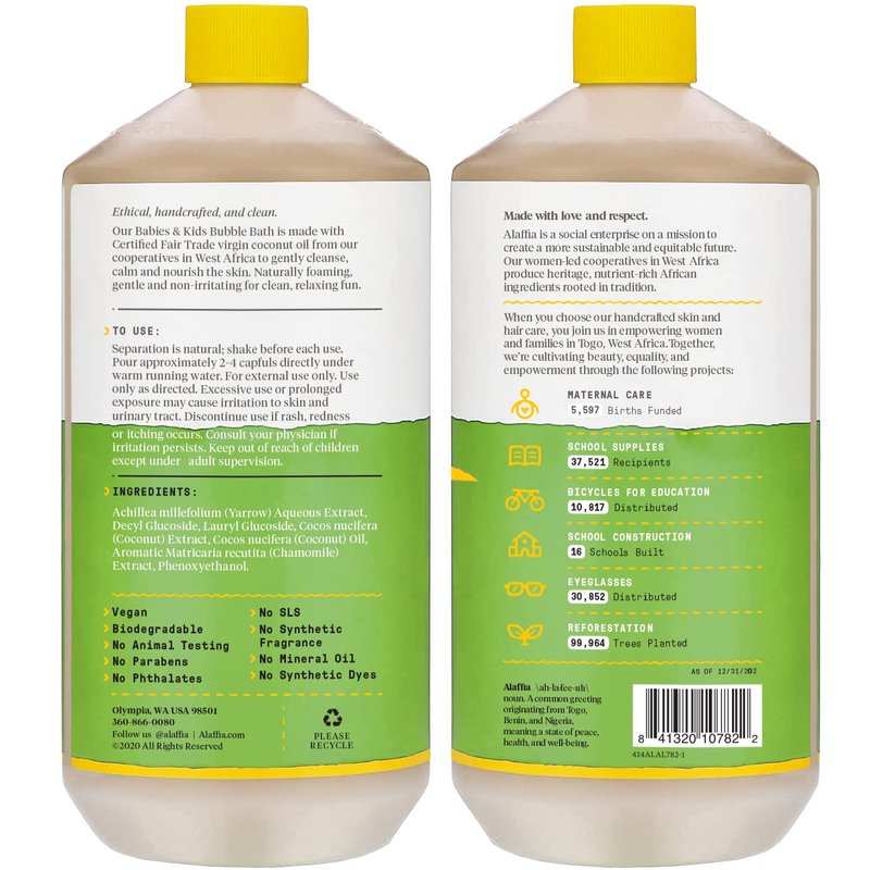 Alaffia Babies & Kids Bubble Bath, Coconut Chamomile, Pump Included – Gentle Cleanser with Raw Shea Butter and Yarrow, 32 Fl Oz