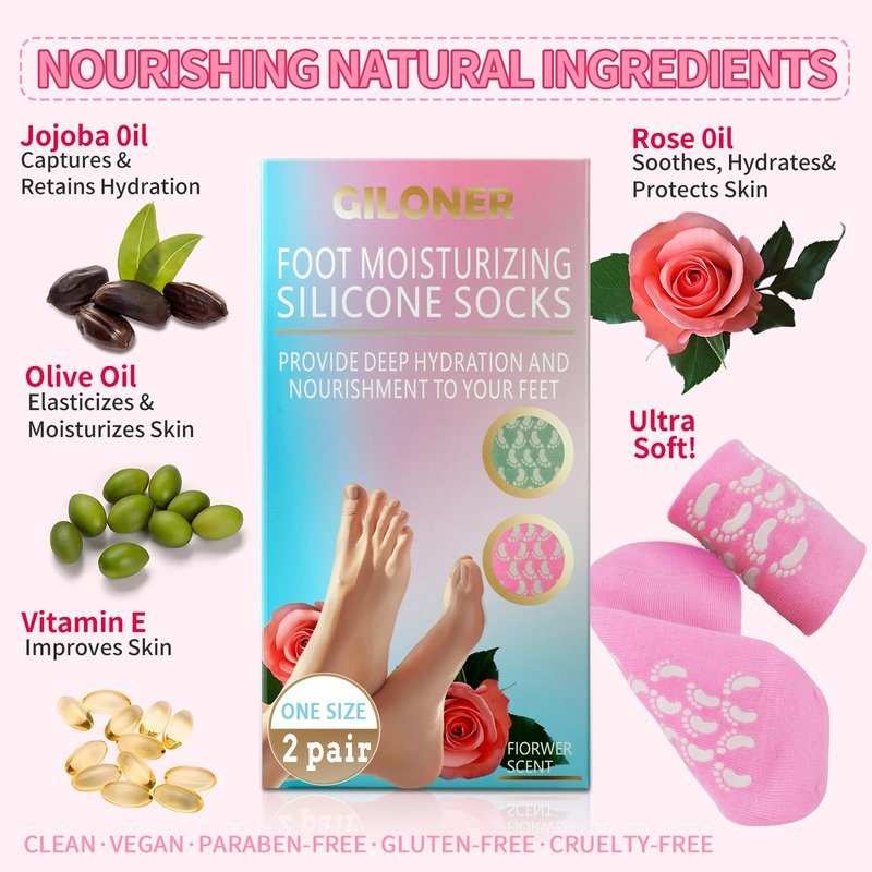 Giloner Foot Moisturizing Socks 2Pairs,Silicone Socks for Women,Gel Socks for Foot Care,Silicone Socks for Repairing and Softening Dry Cracked Feet Women-Self Care Gifts