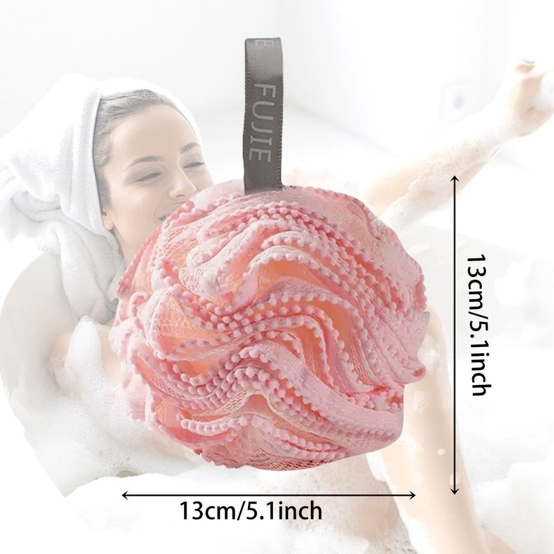 2 Pack Bath Sponge Poufs, Pink & White Exfoliating Mesh Shower Balls, Soft Loofah Sponges for Women and Men, Bathroom Bathing Accessories