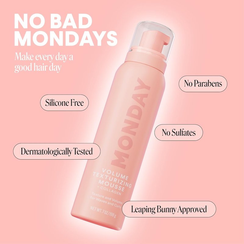Monday Haircare Volume Texturizing Mousse - Hydrolyzed Collagen for Instant Texture & Volume, 7 oz (Pack of 2)
