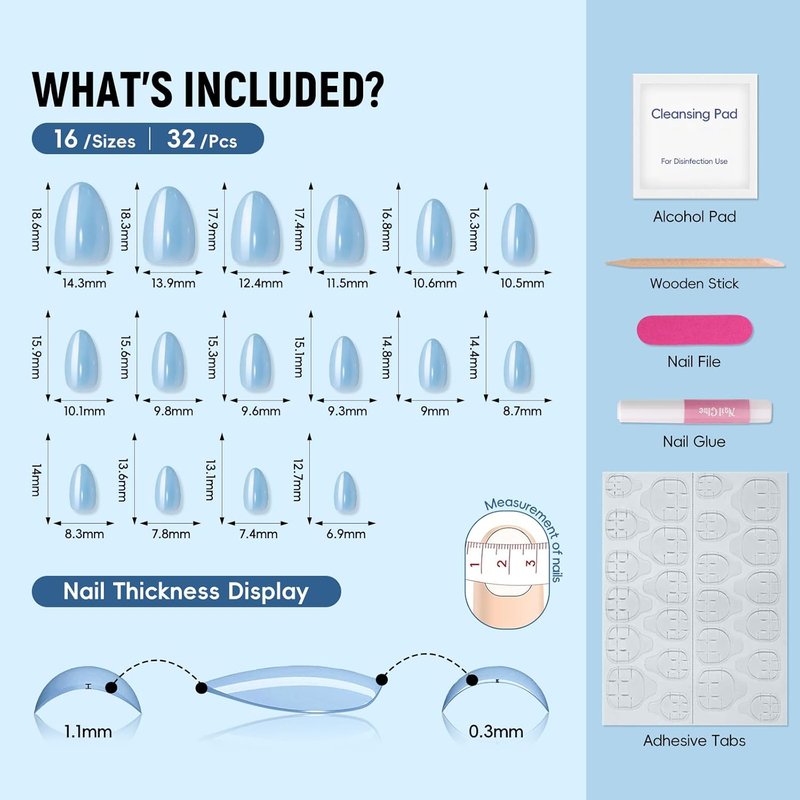 Baby Blue Chrome Press-On Nails - Short Oval Bling Glazed Design | 32PCS Salon Quality Full Cover Set
