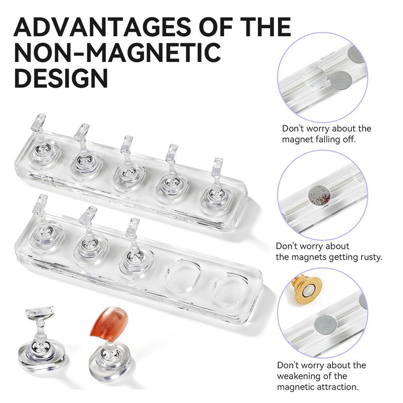 ESUOHYM Non Magnet Nail Stand for Press On Nails Holder Painting Practice Display Fake Nails, Nail Tip Holders with Oval Stand Base for Handheld Diy Design & 200pcs Double-Sided Tapes Home Salon