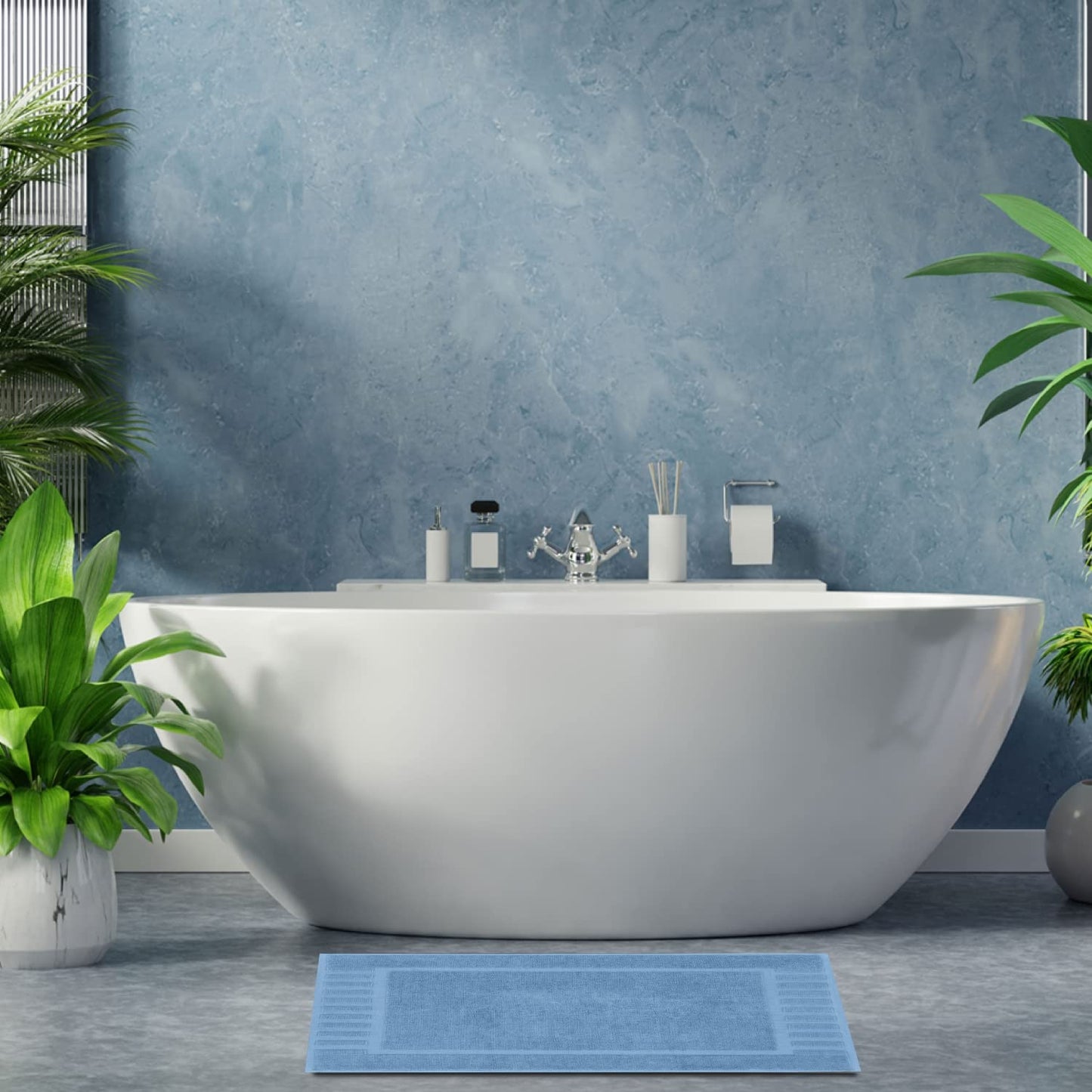 White Classic Luxury Bath Mat Floor Towel Set - Absorbent Cotton Hotel Spa Shower/Bathtub Mats [Not a Bathroom Rug] 22"x34" | 2 Pack | Light Blue