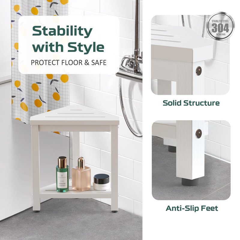Shower Foot Rest 14in, HDPE Waterproof Shower Stool for Inside Shower, Corner Shower Stool for Shaving Legs with Storage Shelf, Shower Step Stool for Small Space, Plastic Corner Shower Bench, White