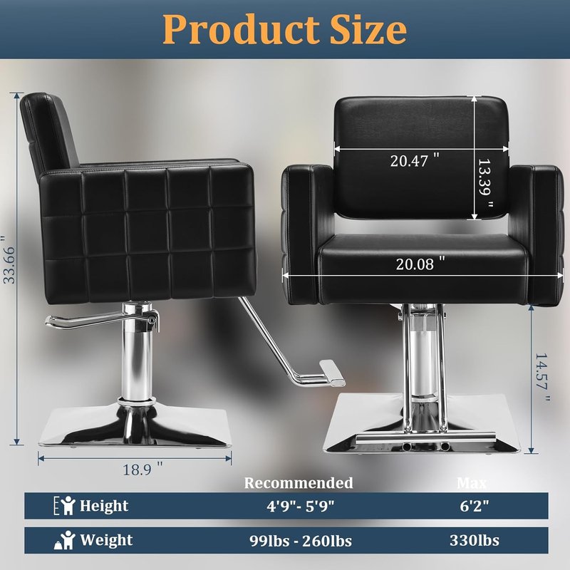 Barber Salon Chair - Heavy Duty Hydraulic Pump, 330 Lbs Capacity | Adjustable Height, 360° Swivel, Soft Leather (Black)