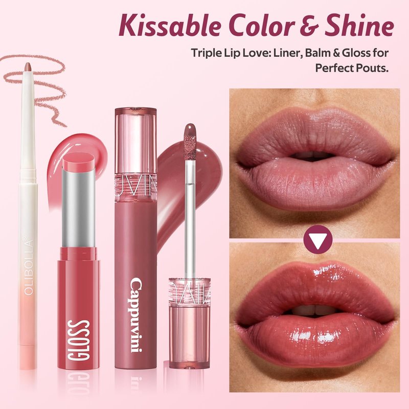 3 Pack Lip Combo Set - Matte Lip Liner Pencil + Hydrating Tinted Lip Balm + Plumping Lip Gloss, Non-Sticky, Long-Lasting, 3-in-1 Lip Makeup Kit for Plump, Hydrated & Glossy Lips (Sweet Fig Set)