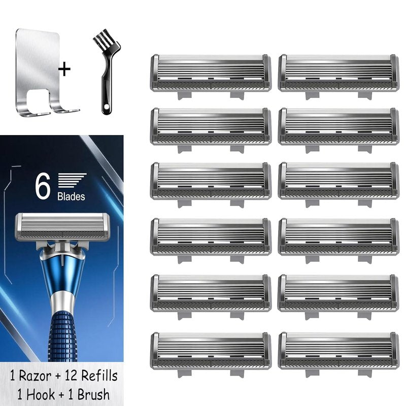 Skiennix 6-Blade Manual Razor for Men - Ergonomic Handle, 12 Blade Refills, Washable Design