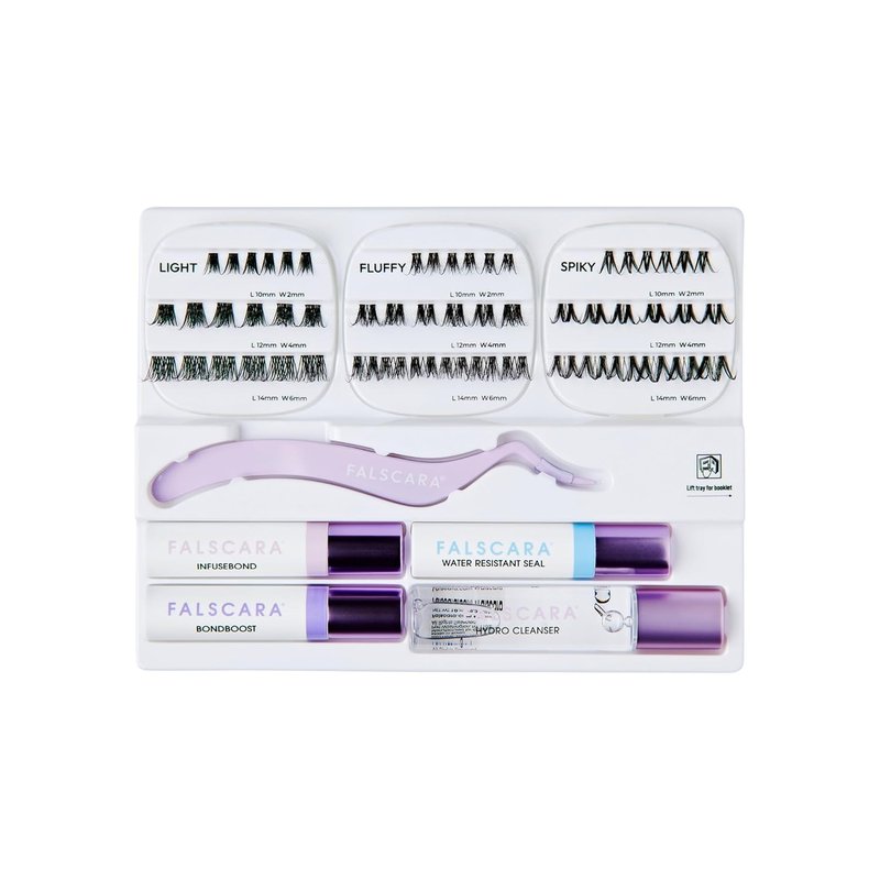 FALSCARA Lash Extension Kit - 54 Stackable Clusters, Medium Volume 10mm-14mm | Water-Resistant Bond & Cleanser
