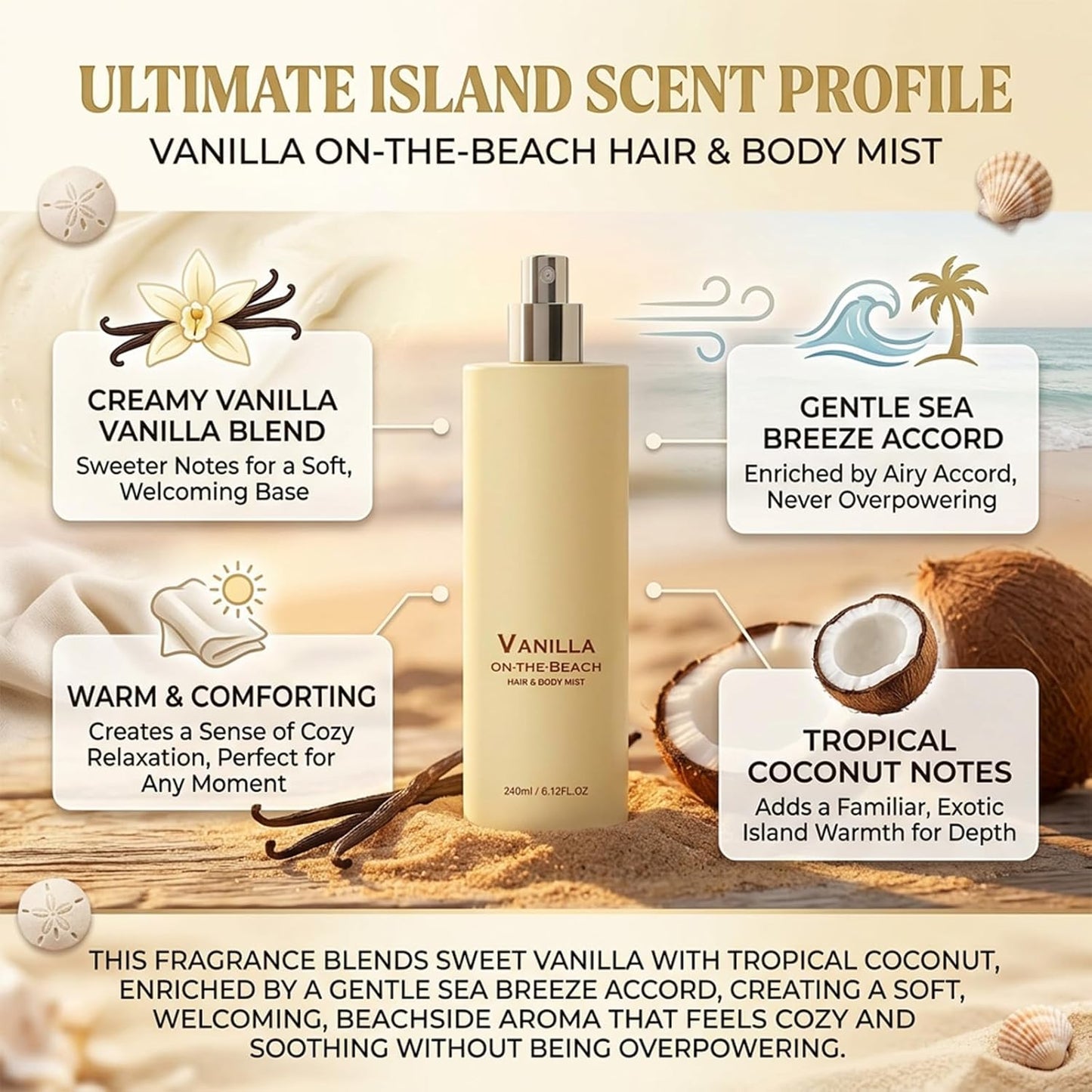 Vanilla on the Beach Hair and Body Mist - Long-Lasting Coconut & Vanilla Fragrance Spray, 8.11 fl oz