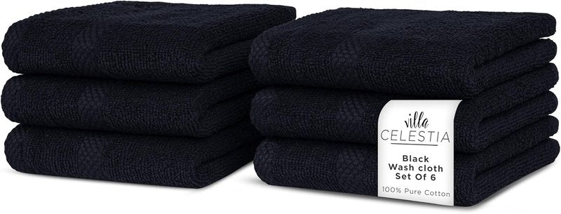 Cotton Washcloths Set of 6 - 100% Ring-Spun Combed Cotton, Soft & Absorbent | 12x12 Inch, Black