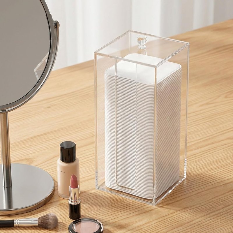 Clean Skin Club Acrylic Cotton Pad Dispenser - Vertical Storage Box with Lid for Easy Access