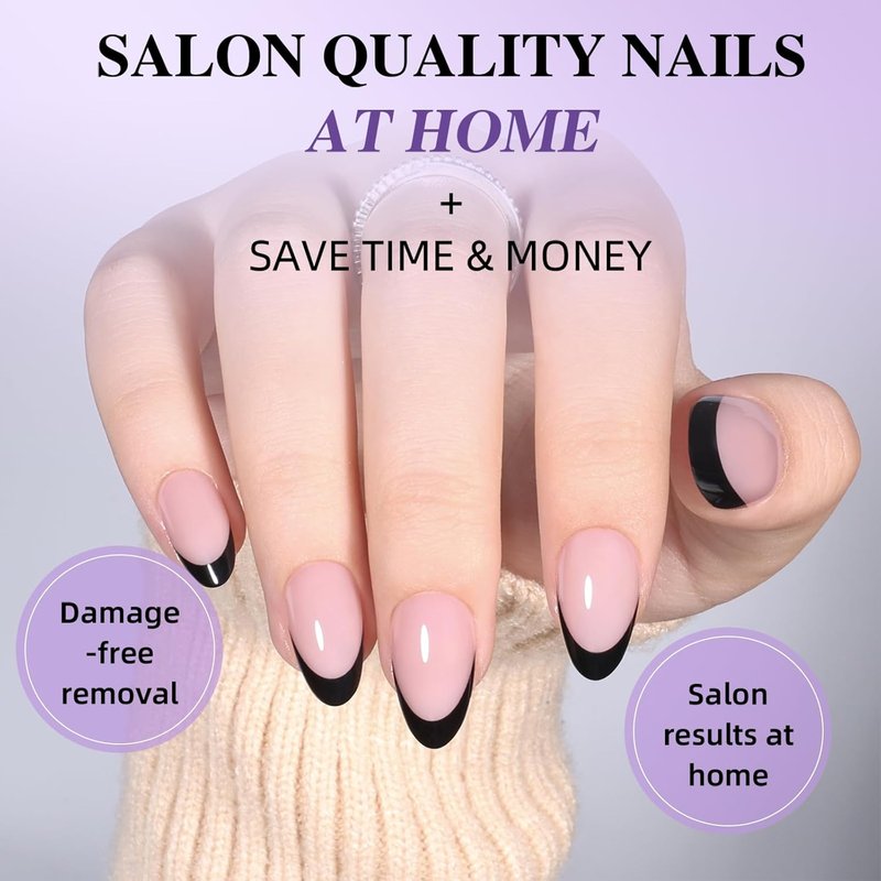 Black French Tip Press On Nails, Short Almond Fake Nails, Reusable Glue On Nails with Nail Glue, French Tip Design for Women 32 Pieces 16 Sizes