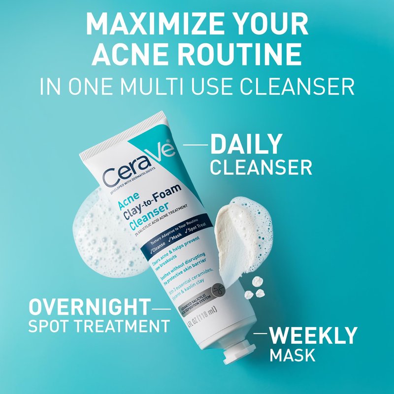 CeraVe Clay To Foam Acne Face Wash, Multi-Use Salicylic Acid & Kaolin Clay Acne Spot Treatment Clears Pimples & Blackheads, Prevents Breakouts, Hydrates & Soothes, Fragrance-Free, Non-Comedogenic, 4oz