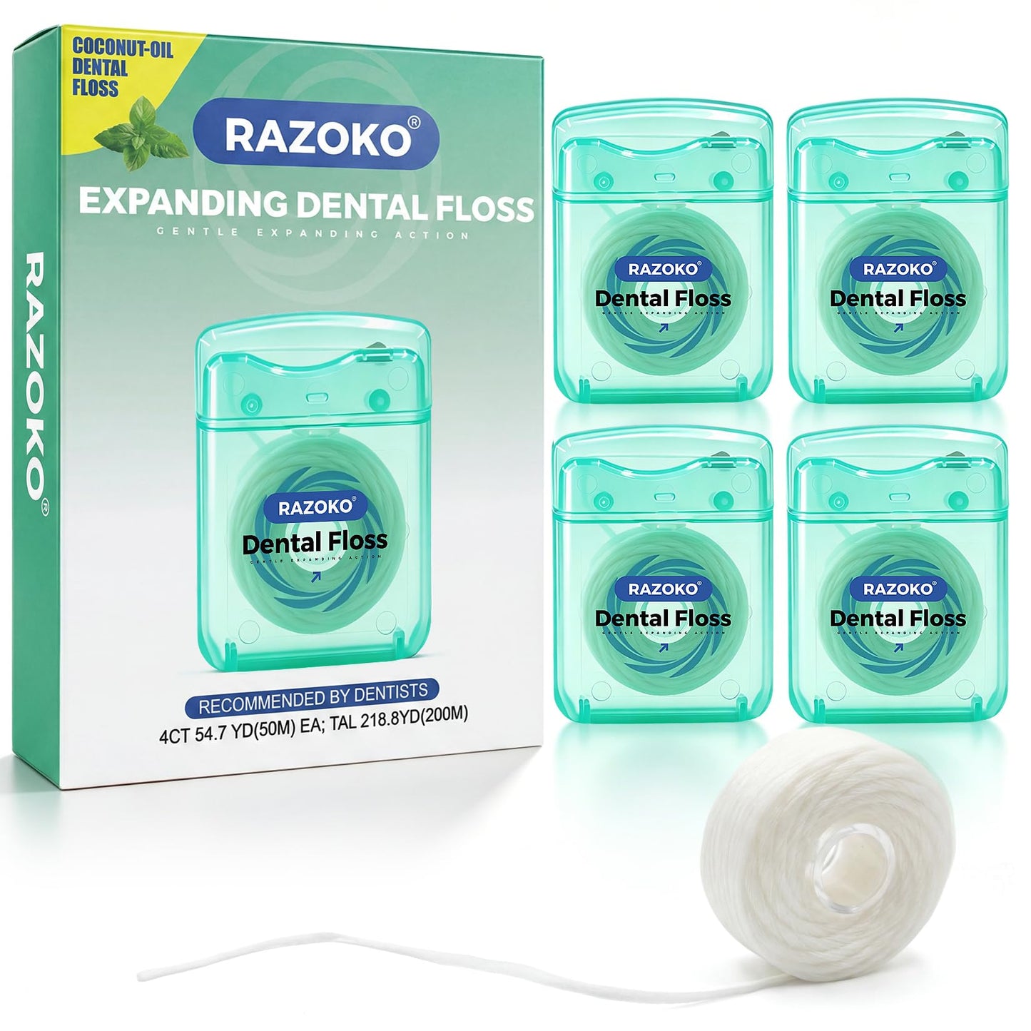 RAZOKO Coconut Oil Expanding Dental Floss - Gentle on Teeth & Gums, Kid-Friendly, Waxed, Light Mint Flavor, PTFE & PFAS Free, 4 Spools (220 Yd Total)