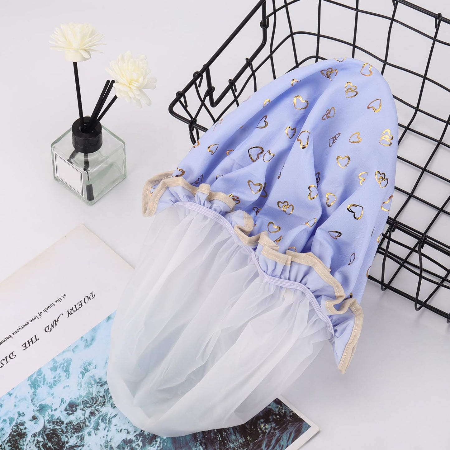4 Pcs Shower Caps Hat for Women and Girl, Reusable Waterproof Bath Cap Double Waterproof Layers Bird and Heart Pattern