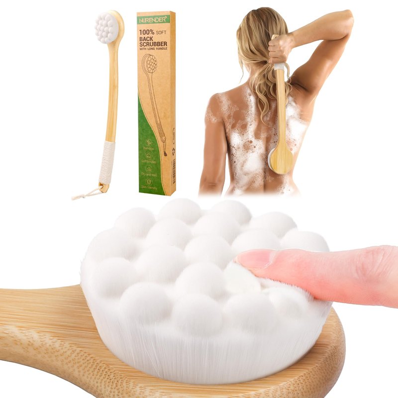 NURENDER Back Brush for Shower, 17.32'' Long Handle Soft Bristles for Sensitive Skin, Effective for Cleansing, Non Slip Grip, Wall Mounted Dry Quickly, Exfoliation Body Scrubber for Men/Women/Elderly