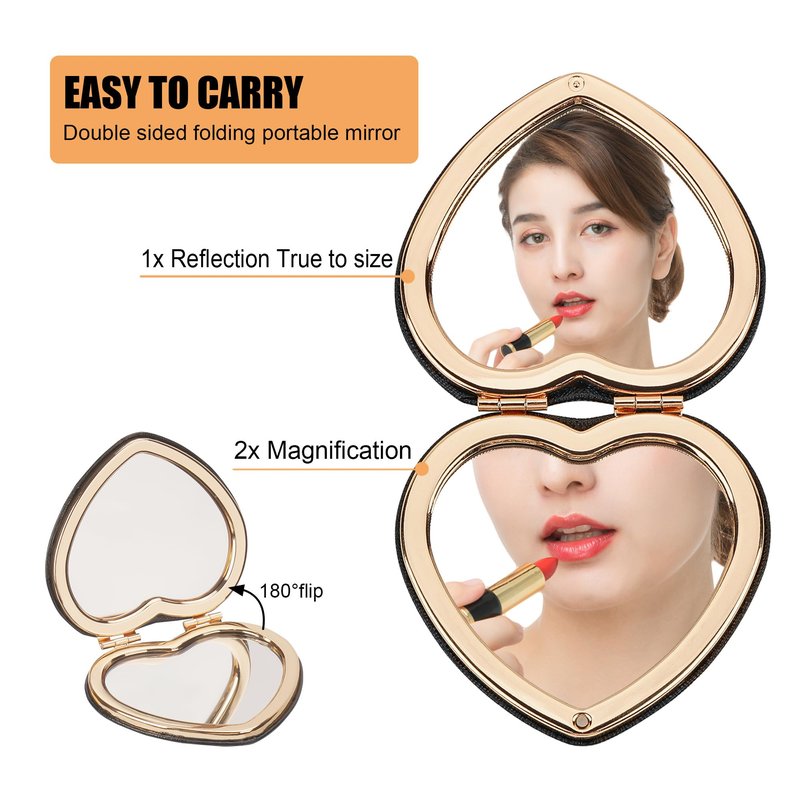 CAIRIAC Compact Mirrors, Leather Folding Travel Mirrors, Bee Double Sided Handheld Mirrors, Portable Heart Shape Makeup Mirrors Gift for Girls Women Mothers